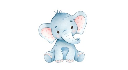 Cute Elephant Sitting Illustration, Light Blue and Pink Pastel Drawing