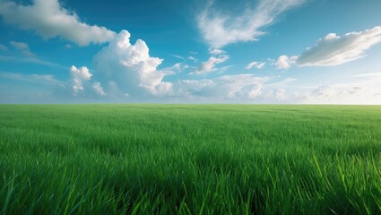 Obraz premium Green grassy field accompanied by a blue sky and white clouds in a gardening and landscape view