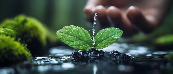 Young sprout being watered in the forest