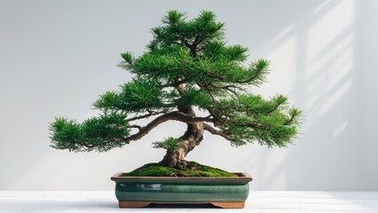 Pine bonsai tree in a ceramic pot, green and isolated on white