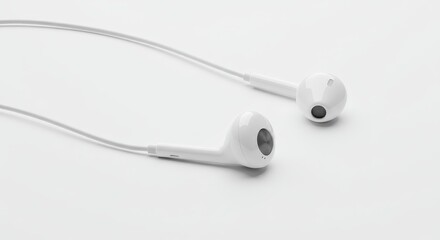 A close up shot showcasing a pair of white wired earphones on a plain white surface in a studio setting