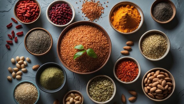 Bowls of Superfoods and Cereals Featuring Quinoa, Chia, Goji Berries, Mung Beans, Buckwheat, Beans, Turmeric, Polba, Bulgur, Lentils, Sesame, Flax Seeds, Wild Rice, and Almonds