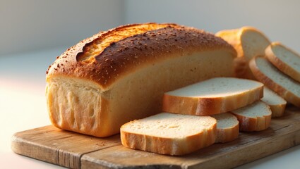 Loaf of sliced bread on a wooden cutting board, isolated against a white background with clipping path