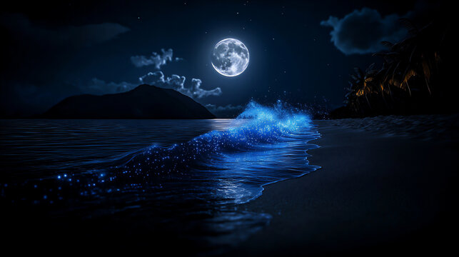 fantasy seascape with bioluminescent waves crashing on a sandy beach under a soft moonlit sky