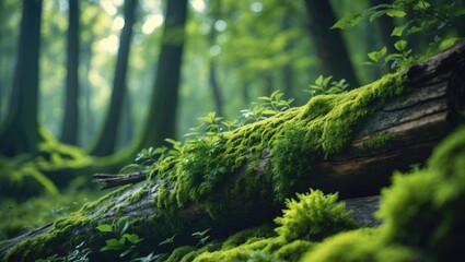 A velvety layer of moss cloaks stones and wood, offering a vivid green contrast to their weathered textures. Sunlight shines through the canopy, revealing the intricate details of this calm setting.