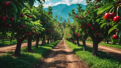 Lush cherry trees in an orchard with rows of green leaves and red cherries, a path running through the center towards mountains under a clear blue sky