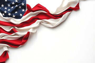Ruffled American flag symbolizing national pride and freedom, draped elegantly on a white background with ample copy space for text