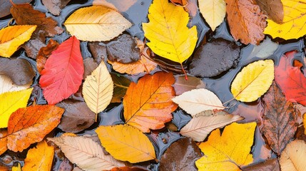 A collection of autumn leaves in various colors and sizes, scattered across a dark surface.