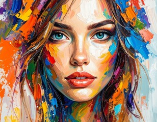 Obraz premium Vibrant Beauty: Close-up of a Woman's Face with Bold Brushstrokes and Vivid Color Palette
