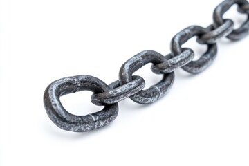 Obraz premium Strong metal chain links close up on white background showing texture and detail of each link Industrial strength chain