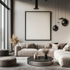 Modern Living Room with Beige Sectional Sofa and Large Windows