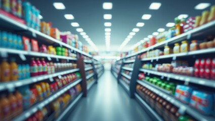 Supermarket or retail shop featuring shelves of groceries, drinks, and household essentials with a blurred backdrop