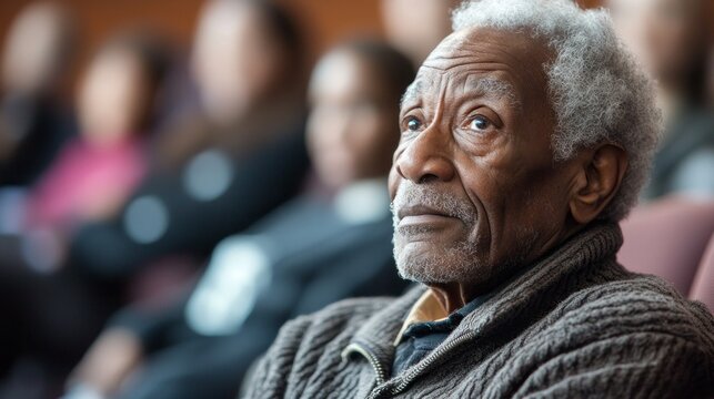 An elderly man attentively engages with a civil rights history lecture at a community center, reflecting on the significance of the discussion. Others are present but not highlighted