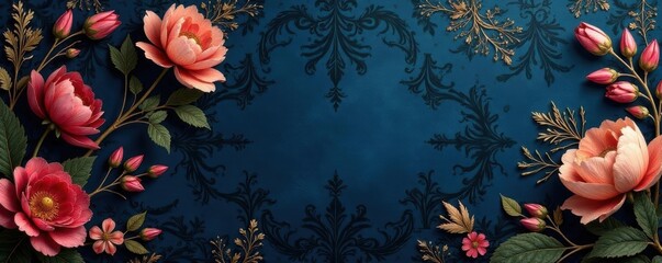 Deep navy backdrop, seamless vintage gold floral damask Baroque-inspired botanical elegance , gold, damask, sophisticated