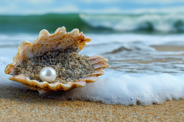 Pearl in a seashell on a sandy beach - copy space