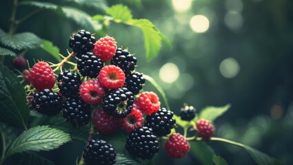 Unripe, ripening, and ripe blackberries growing on a forest bush, related to healthy eating or diet
