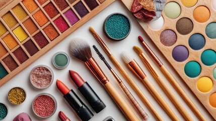 a flat lay of makeup products on a white isolated background, organized and colorful