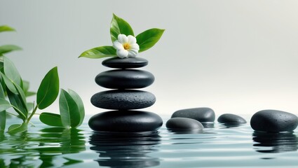 Water scene of spa elements including stones and leaves