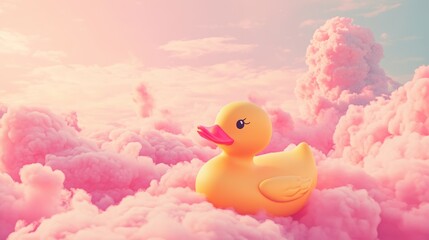 Floating rubber duck in an infinite pink sky, fluffy clouds and surreal scale, pastel candy tones and whimsical mood 