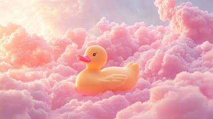 Floating rubber duck in an infinite pink sky, fluffy clouds and surreal scale, pastel candy tones and whimsical mood 