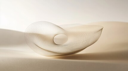 Floating wireframe spirals layered with soft shadows and sand-toned gradients