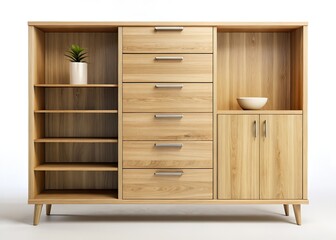 Minimalist Wooden Cabinet with Shelves and Drawers - AI Photo