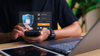 Cyber ​​Security and Data Protection, Businessman Using Smartphone to Encrypt Security to Protect Against Hackers, Corporate Data Protection, Company Data Personal Data, Digital Internet Technology.