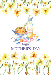 Mother's day, fathers day, birthday, valentines day  invivations cards. Blue hydrangeas, bicycle, floral bouquet. Spring flowers. Watercolor clipart.
