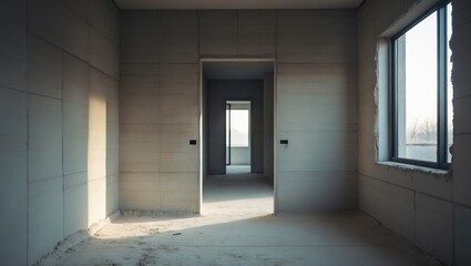 Fototapeta premium Overhauling a room in a newly built modern house. Walls made of masonry, equipped with plastic windows. Floor has been screeded.