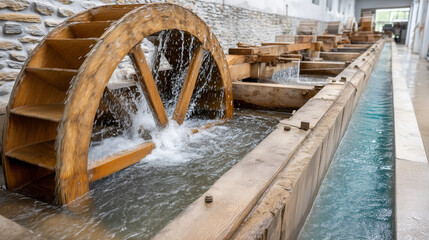 Traditional wooden water wheel in motion, creating a captivating display of water power.