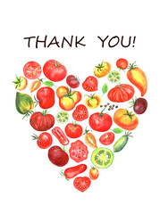 Tomatoes clipart, invivations thank you cards, cafe menu. Cherry, yellow, green, red tomatoes, tomato slice, basil, pepper. Eco veggi food. Stock illustration. Hand painted in watercolor.