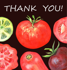 Tomatoes clipart, invivations thank you cards, cafe menu. Cherry, yellow, green, red tomatoes, tomato slice, basil, pepper. Eco veggi food. Stock illustration. Hand painted in watercolor.