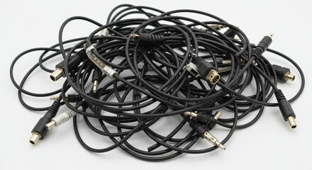 A tangled mass of assorted black cables and connectors lying on a white surface in a chaotic pile