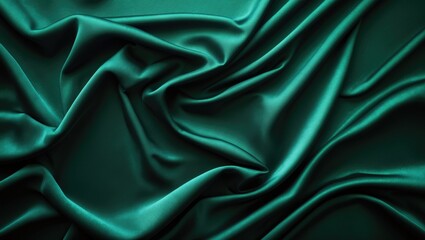 Fototapeta premium Silky dark green satin background with gentle folds on a smooth surface. Premium backdrop with space for creative design, wide banner, top view, flat lay.