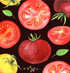 Tomatoes clipart, invivations thank you cards, cafe menu. Cherry, yellow, green, red tomatoes, tomato slice, basil, pepper. Eco veggi food. Stock illustration. Hand painted in watercolor.