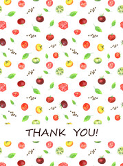 Tomatoes background, invivations thank you cards, cafe menu. Cherry, yellow, green, red tomatoes, tomato slice, basil, pepper. Eco veggi food. Stock illustration. Hand painted in watercolor.