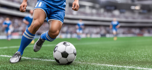 Fototapeta premium Close-up of a Leg in a Boot Kicking Football Ball. Professional Soccer Player Hits with Fierce Power, Scores Goal, Grass Flying. Football Championship Concept. Low Angle Ground Artistic Shot.
