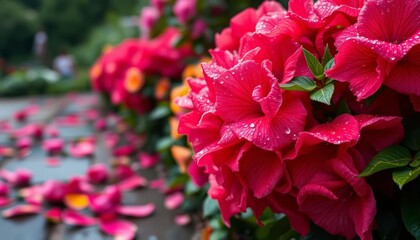 Petals heavy with rain, lush blooms glistening, garden path blurred, water droplets, lush