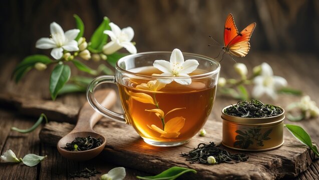 close-up of green tea leaves, jasmine blooms, and a tea cup