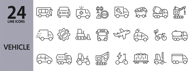 Vehicle line icons set with Transport, Delivery, Bus, Car, Ambulance, Airplane, Bicycle, Scooter and more. Editable Stroke