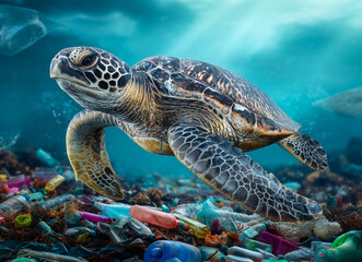 Fototapeta premium Environmental issue of plastic pollution problem. Sea Turtles ocean pollution concept