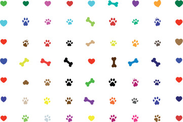 Cute pet pattern paw prints dog bones red hearts black and white illustration seamless background playful design- animal lover motif veterinary theme