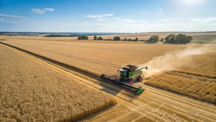 Naklejka premium Harvesting golden fields under a bright blue sky during late afternoon hours