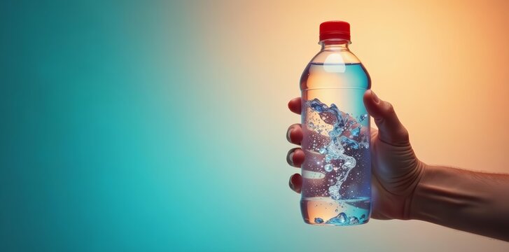 Person's hand holding water bottle with splash, quench thirst image, hand, health, refreshing