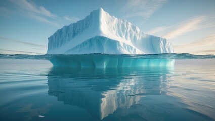 Submerged view of iceberg against a beautiful, clear sea. Iceberg in bright blue water hiding underwater hazards. Ice drifting