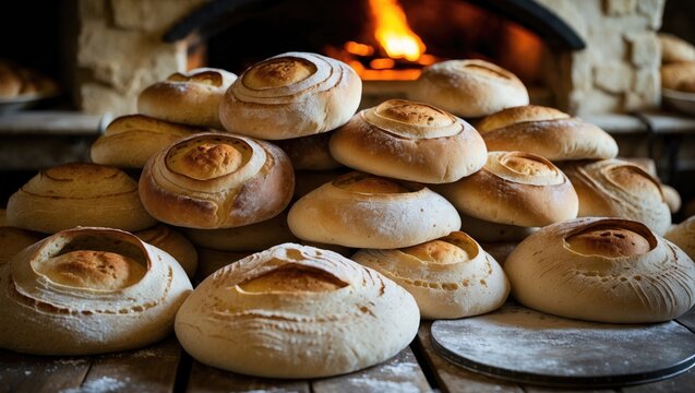 Oven-fresh pita bread. The dough is shaped into circles in the bread-making process as it travels on the conveyor belt. Background includes a fiery oven. Bokeh, portrait format.
