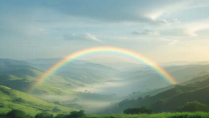 Naklejka premium Soft Rainbow Behind Rolling Hills After a Rain Shower – Peaceful Landscape