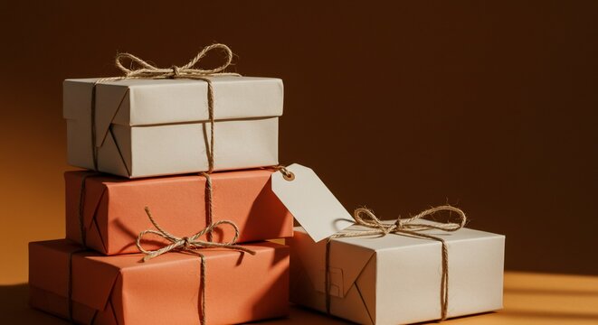 Neatly wrapped gifts tied with twine, displayed against a warm backdrop.