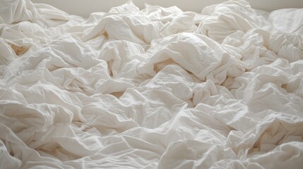 A messy bed with white sheets and rumpled blankets.