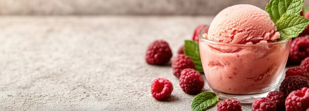 A scoop of vibrant raspberry sorbet sits elegantly in a glass cup, surrounded by fresh raspberries and garnished with mint leaves, showcasing a refreshing dessert experience
